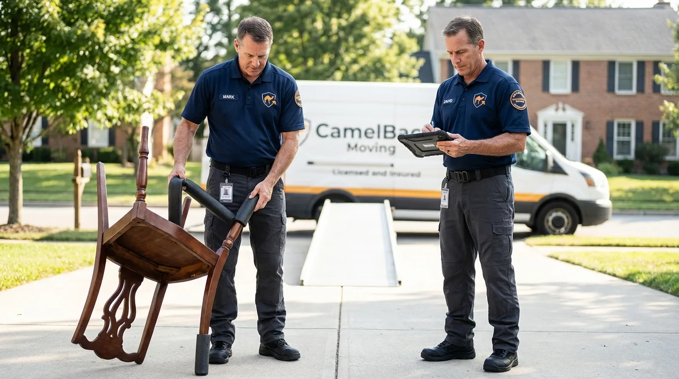 Movers inspecting furniture for damage prevention before loading in Dillsburg, PA