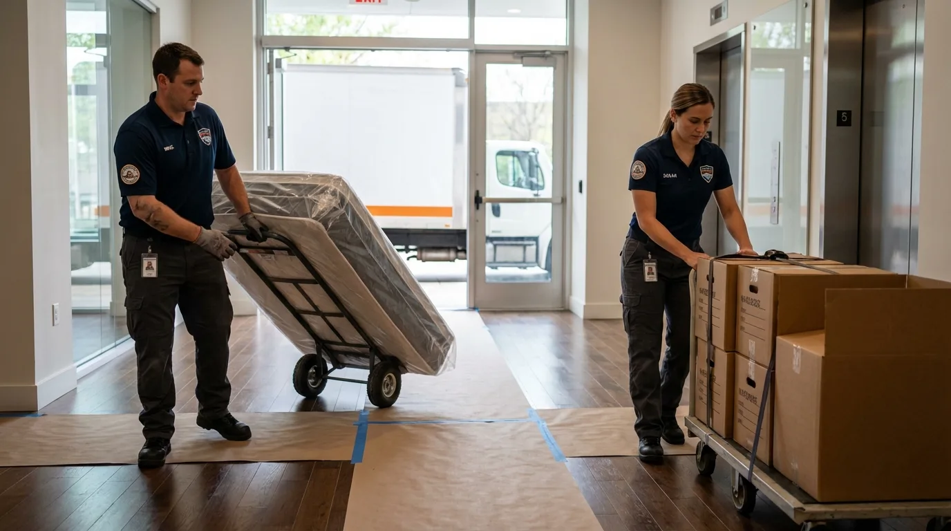 Professional apartment movers loading elevator in Dillsburg, PA