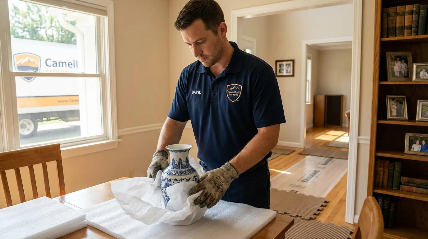Professional crew carefully wrapping antique vase for senior downsizing move in Dillsburg, PA
